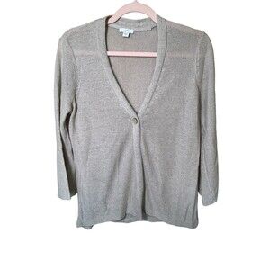 J. Jill Women's Linen Blend Cardigan 3/4 Sleeve Beige One Button XS Lightweight